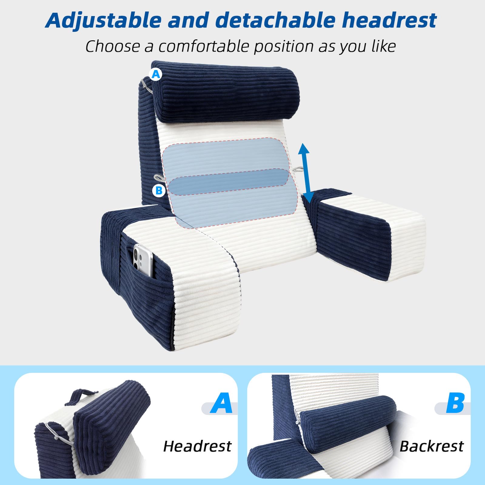 Oreiller de Lecture pour lit, Coussin d'appui Dorsal réglable avec accoudoirs et Appui-tête, adapté à la Lecture/Jeux/Relaxation/télévision, Bleu & Blanc