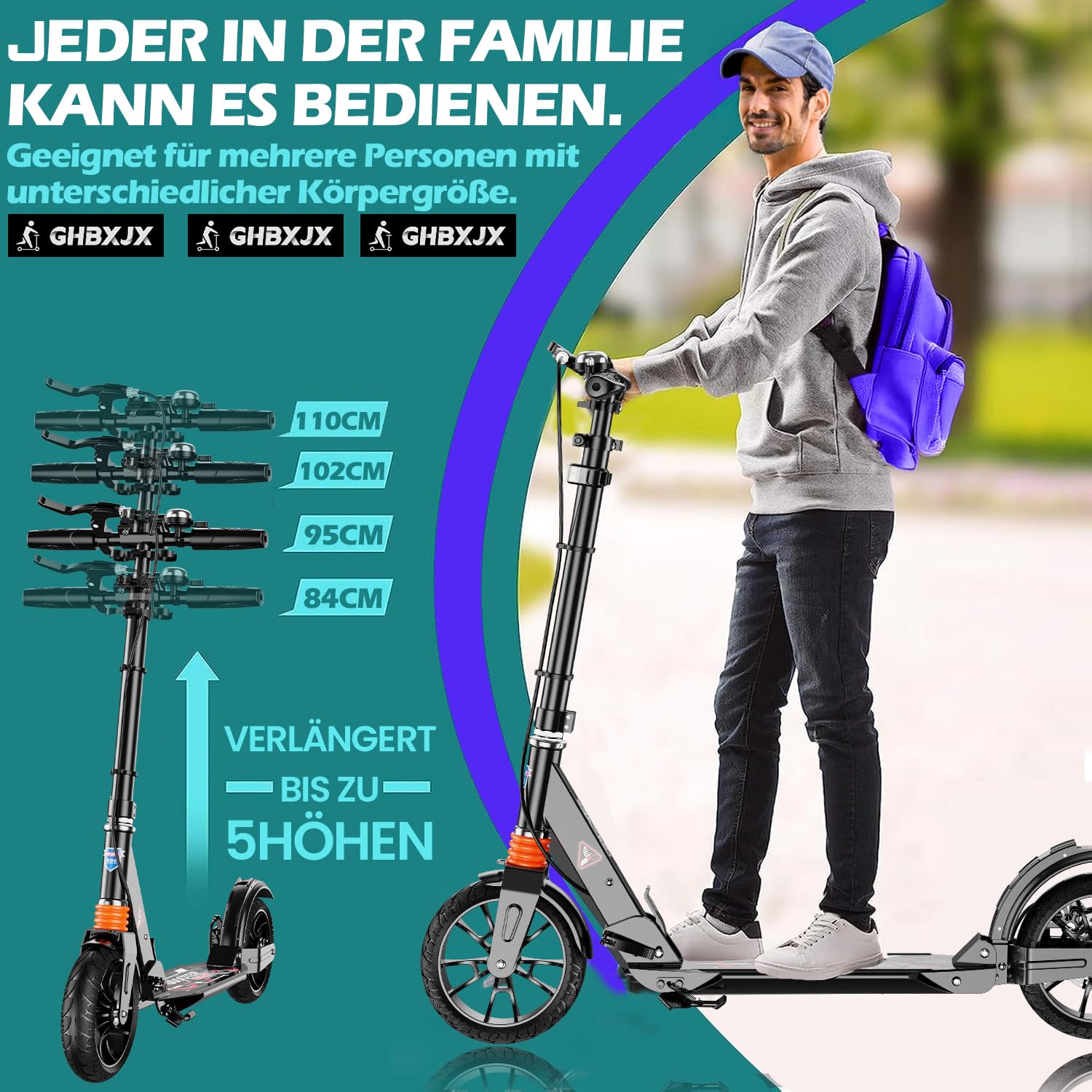 Faltbarer Scooter Pro, Roller für Erwachsene bis 150kg Verstellbar Scooter, ABEC-9 Lagern, Roller Kinder- Klappbar Lenker hinterradbremse und Stoßdämpfer, 4-Fach Höhenverstellbar