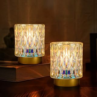 Battery Operated Table Lamps Timer, Mini Crystal Lamp for Area No Plug, Cordless Lamp with LED Bulb for Power Outage, Decorative Lamp for Tabletop/Corner/Entryway/Stairway/Bathroom/Fireplace(2*PEARL)