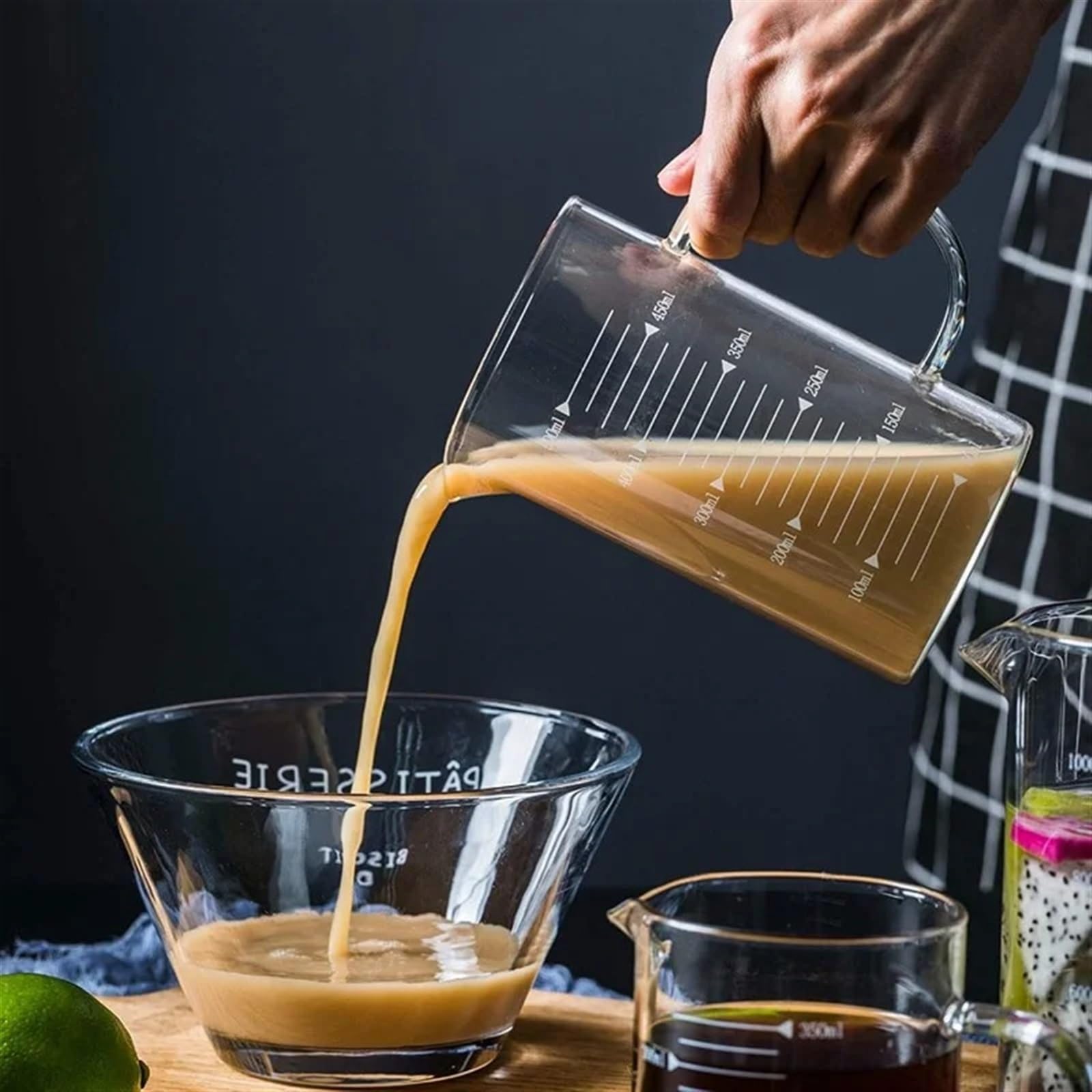 Vaso de vidrio transparente con mango y escala, vaso de vidrio de borosilicato con escala alta(1000ml)