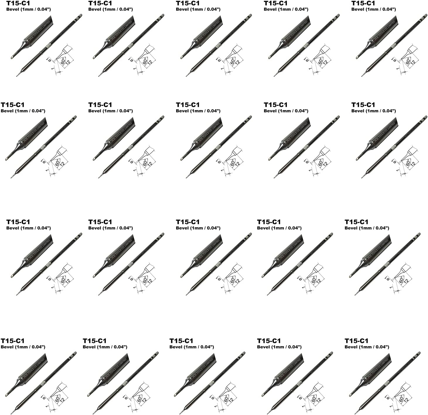 T15-C1 Bevel Single Flat 1mm Soldering Tip for FX-9501 FM-2028 FM-2027 FM-2021 FX-950 FX-951 FX-952 FM-202 FM-203 FM-204 FM-206 ACE Tips (20)