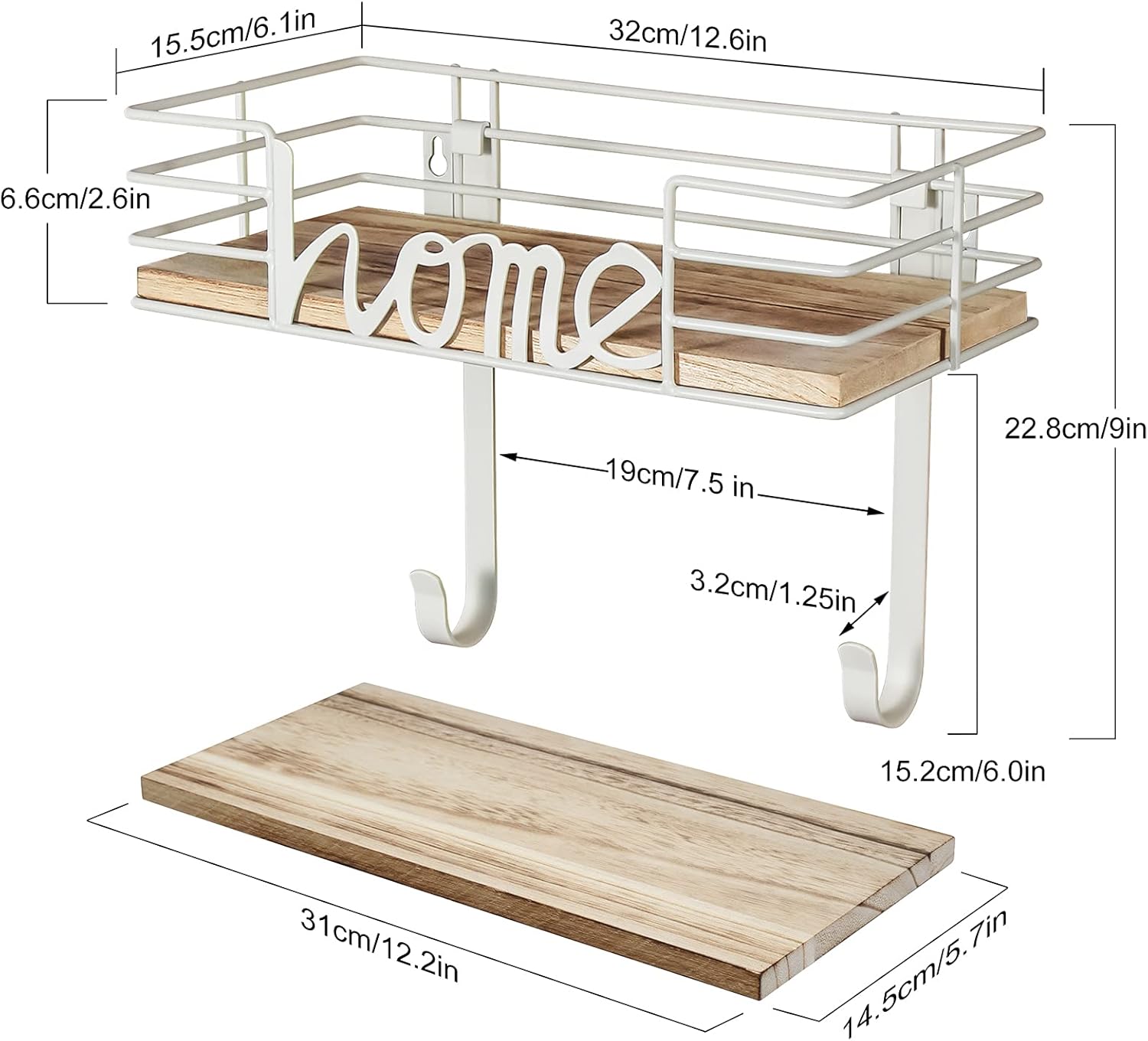 TJ.MOREE Ironing Board Hanger Wall Mount - Laundry Room Decor Iron and Ironing Board Holder, Metal Wall Mount with Large Storage Wooden Base Basket and Removable Hooks (White) : Home & Kitchen