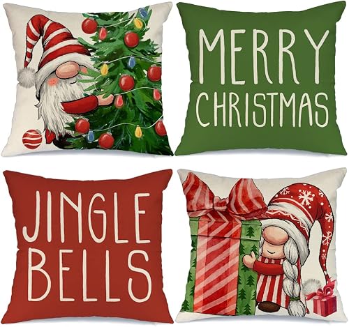 Christmas Pillow Covers 18x18 Set of 4 for Christmas Decorations Gnomes Gift Christmas Tree Pillows Winter Holiday Throw Pillows Christmas Farmhouse Decor for Couch