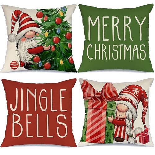 Christmas Pillow Covers 18X18 Set Of 4 For Christmas Decorations Gnomes Gift Christmas Tree Pillows Winter Holiday Throw Pillows Christmas Farmhouse Decor For Couch #TOP8