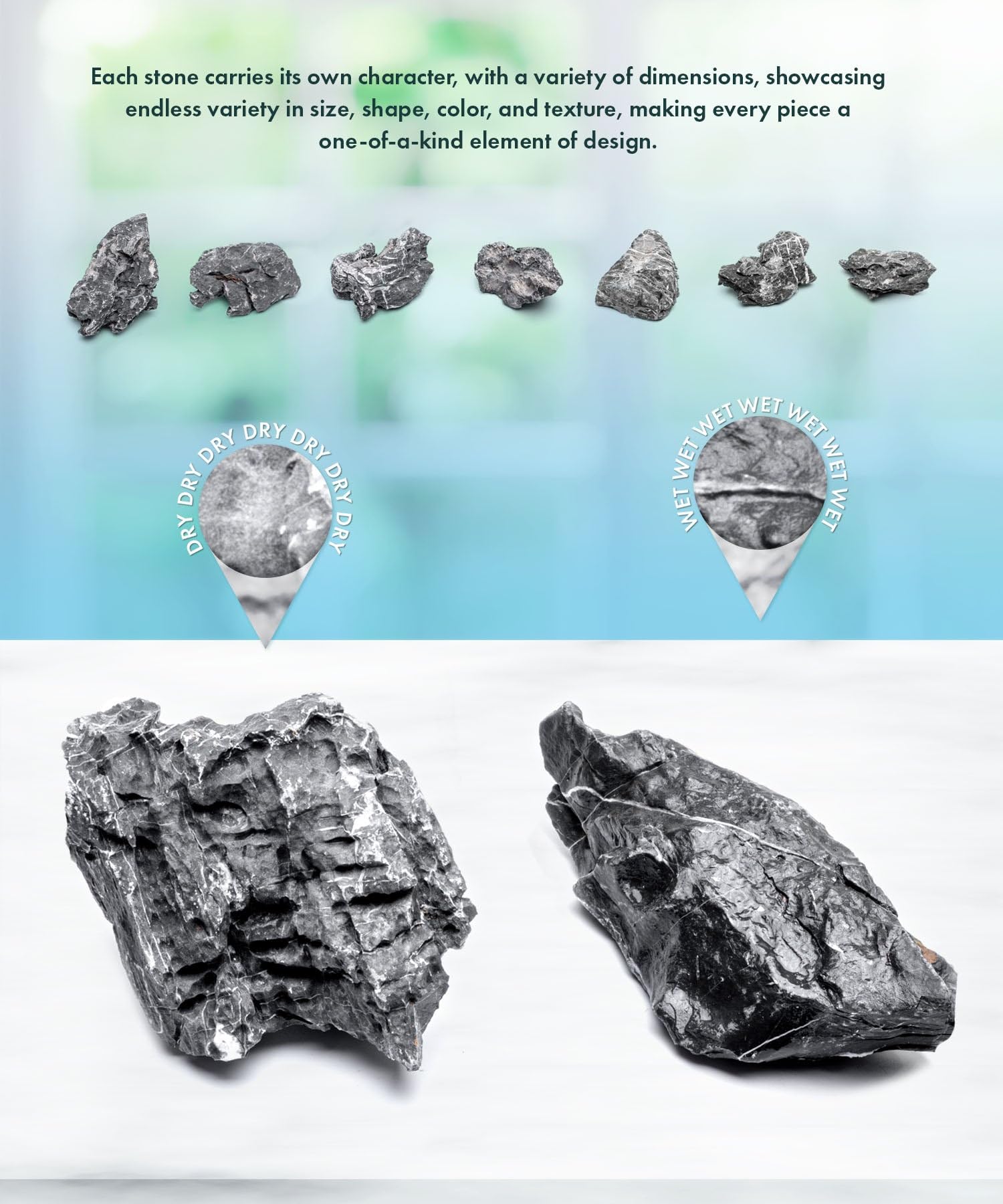 Piedra Seiryu azul natural para acuarios, peceras, terrarios, recintos de reptiles, mezcla de rocas grandes y pequeñas, por SubstateSource (20 libras)