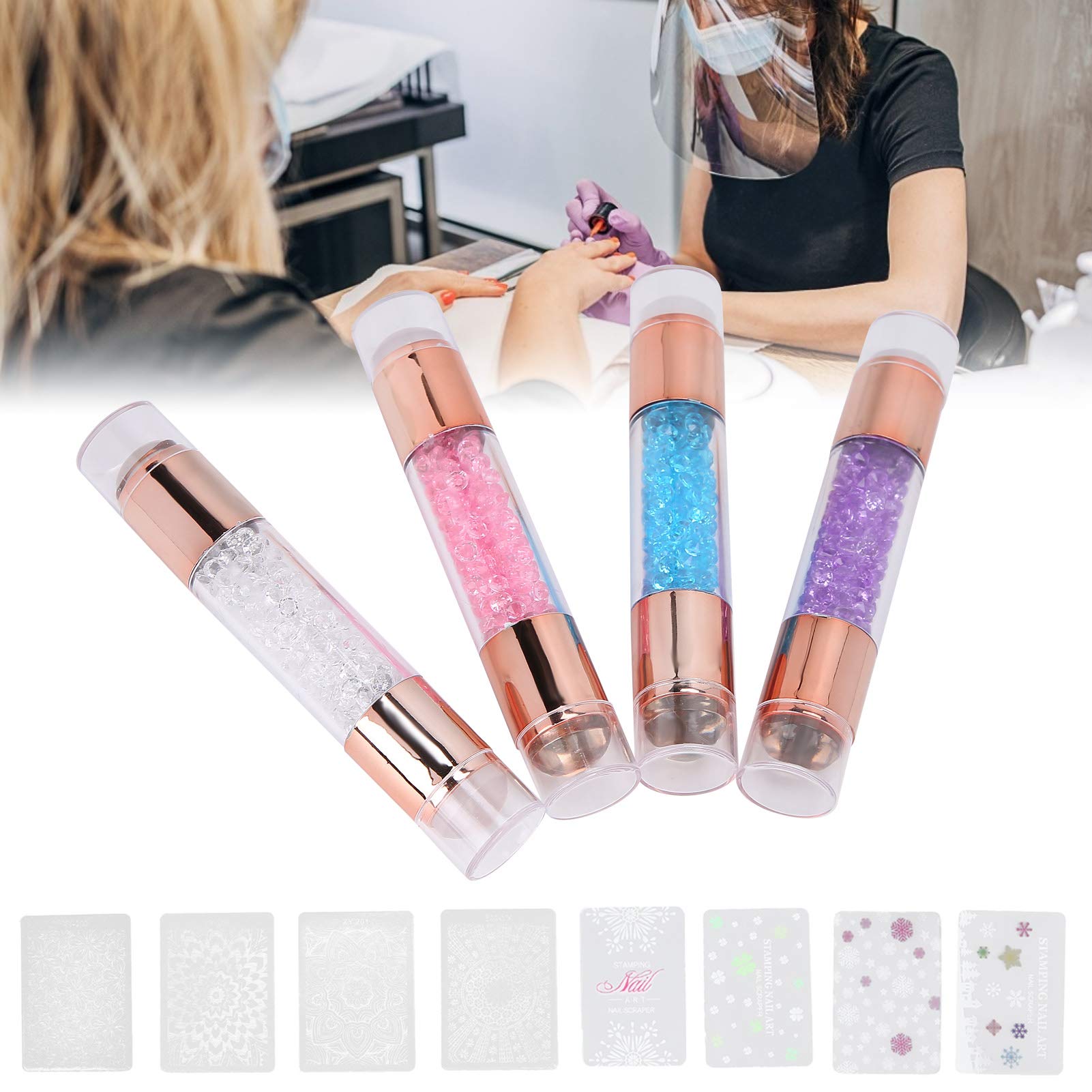 Generic Stylos Tampons en Silicone pour Manucure, Design à Double Tête, Résine de Silicone Transparente, Colorés, Adaptés à les Designs et Ongles Bleu + Rose + Transparent + Violet