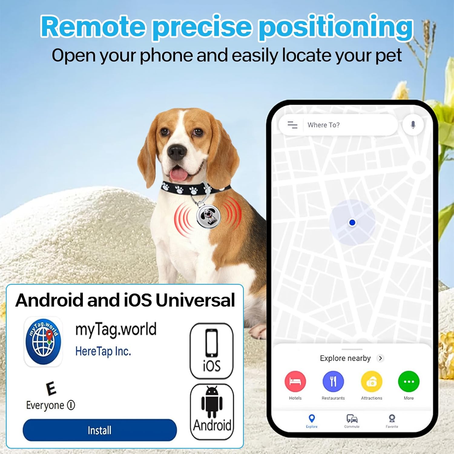 Screenshot of a mobile app showing remote precise positioning on a map, with a dog wearing the tracker in the background.