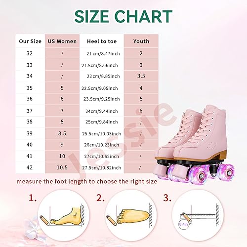 Miniatura 5 de jessie Roller Skates for Girl and Women, PU Leather Light up Kids Roller Skates, Cute Adjustable Four-Wheel Beginner Youth Roller Skates Girls Ages