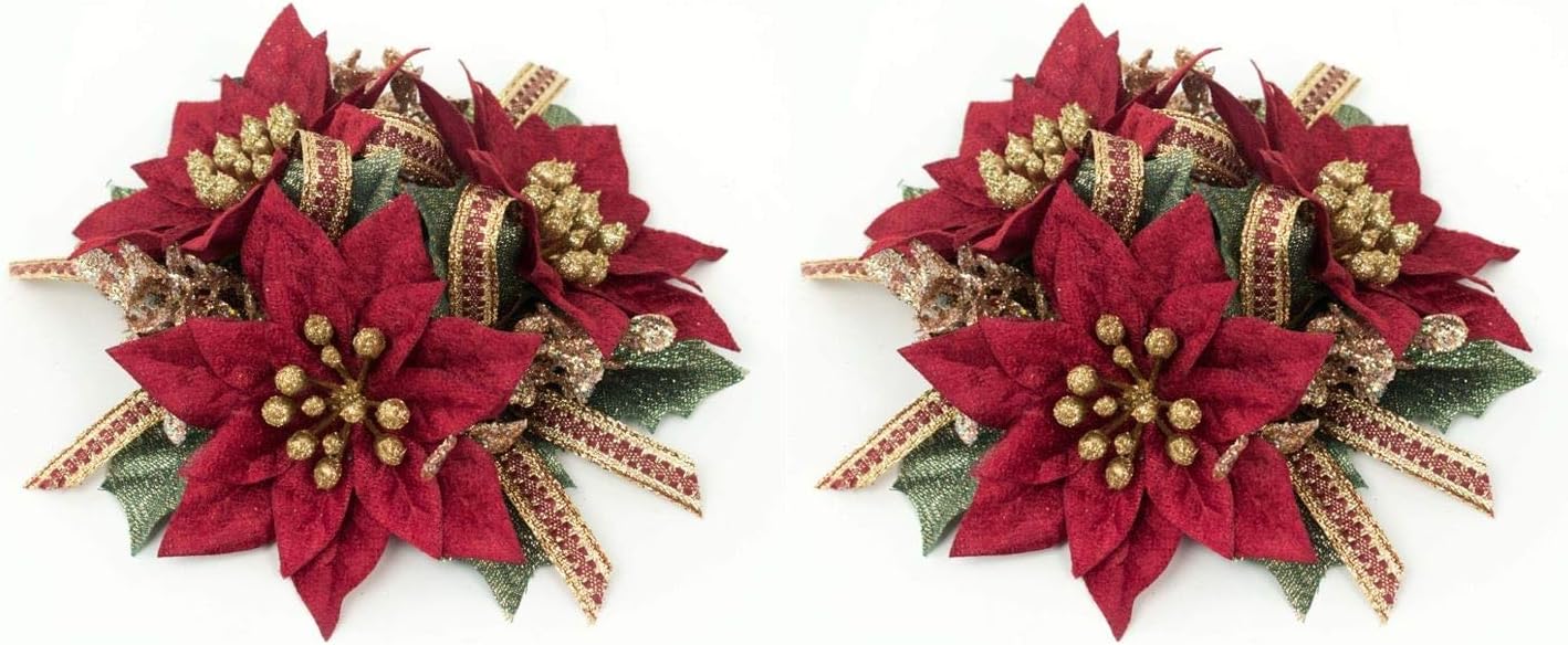 swerox Christmas Candle Ring Poinsettia with Ribbon Burgundy 2.5 Centimeter - Set of 2