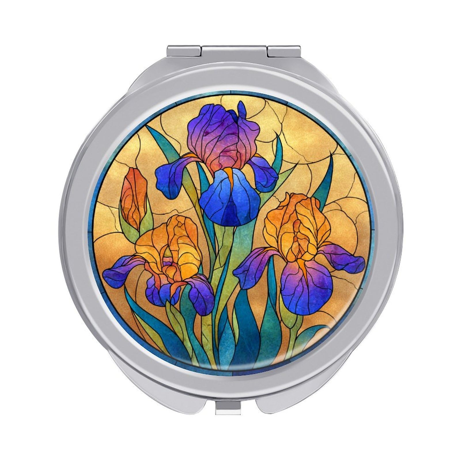 Jubonexis Women's Silver Stained Glass Irises Colorful Flower Pocket Mirrors, Girls Small Portable Travel Makeup Mini Mirror