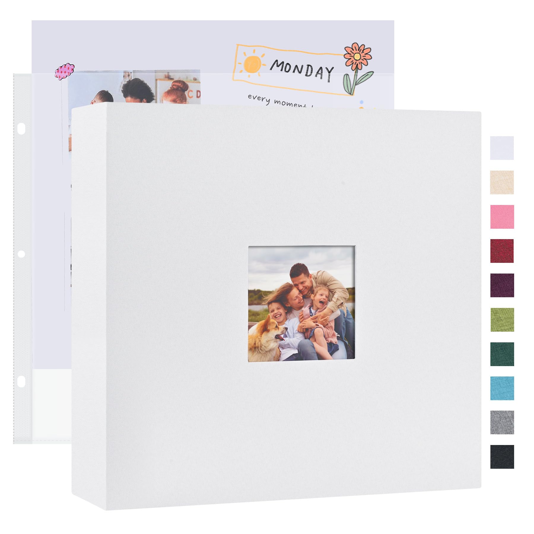 Mublalbum - Album fotografico da 30,5 x 30,5 cm con 40 buste in plastica, 80 pagine, copertina in lino, raccoglitore a 3 anelli per matrimoni, bambini, famiglia e progetti fai da te (bianco)