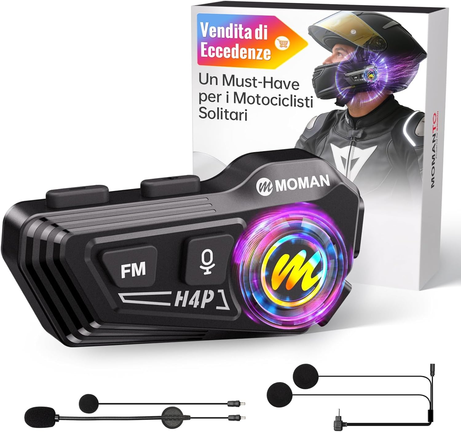 Moman Casco de moto H4P auriculares BT5.1 con altavoces Hi-Fi, doble reducción de ruido RGB/FM/manos libres/AI, control de voz AI, para un solo conductor (negro-H4P)