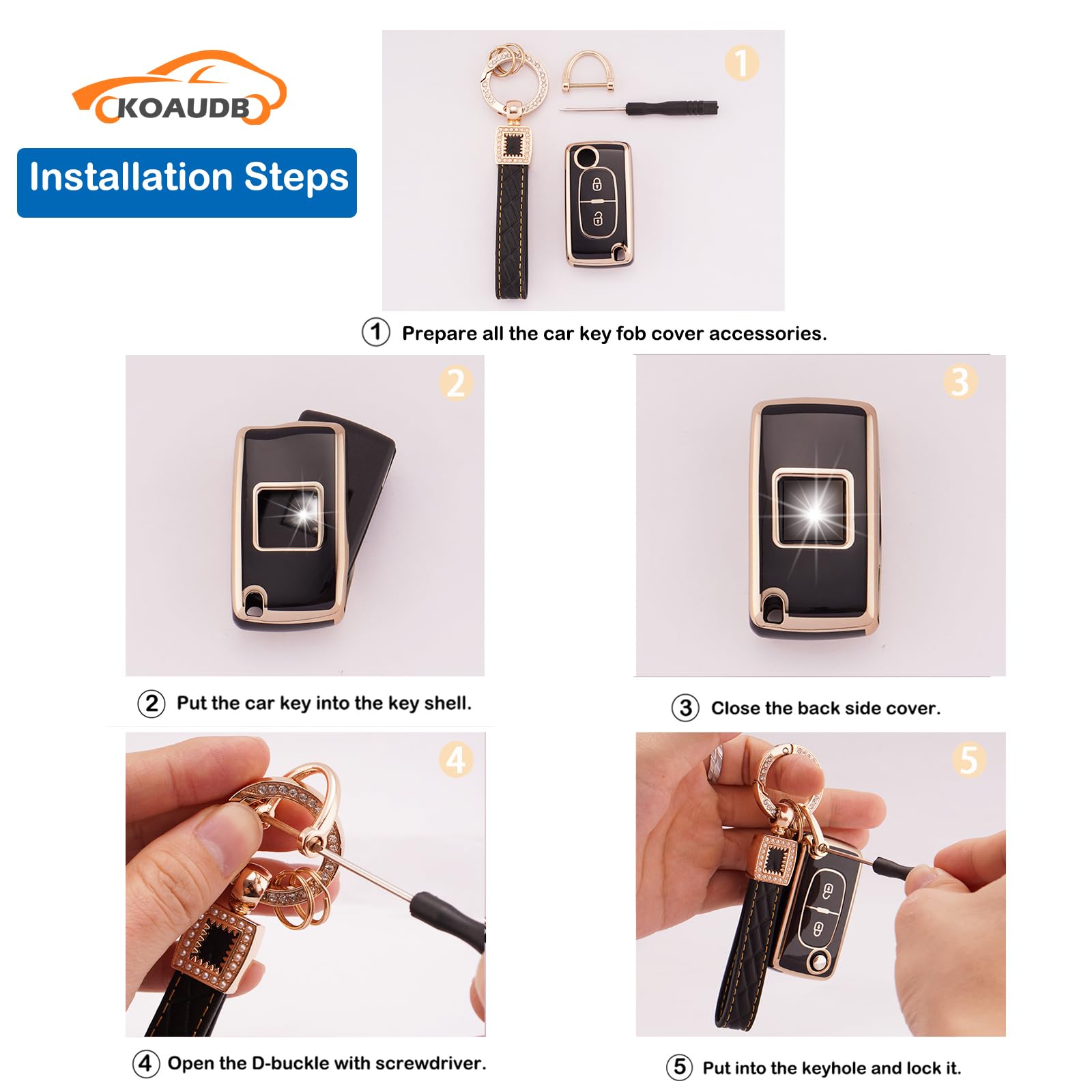 Car Key Fob Case Fit for Peugeot 107 207 307 307S 308 407 607 807 3008 5008 Citroen C2 C3 C4 C5 C6 C8 Xsara 2 Buttons Flip Folding Key Case Shell with Leather Keychain Lanyard (BP-Pgt-2F) — view 4