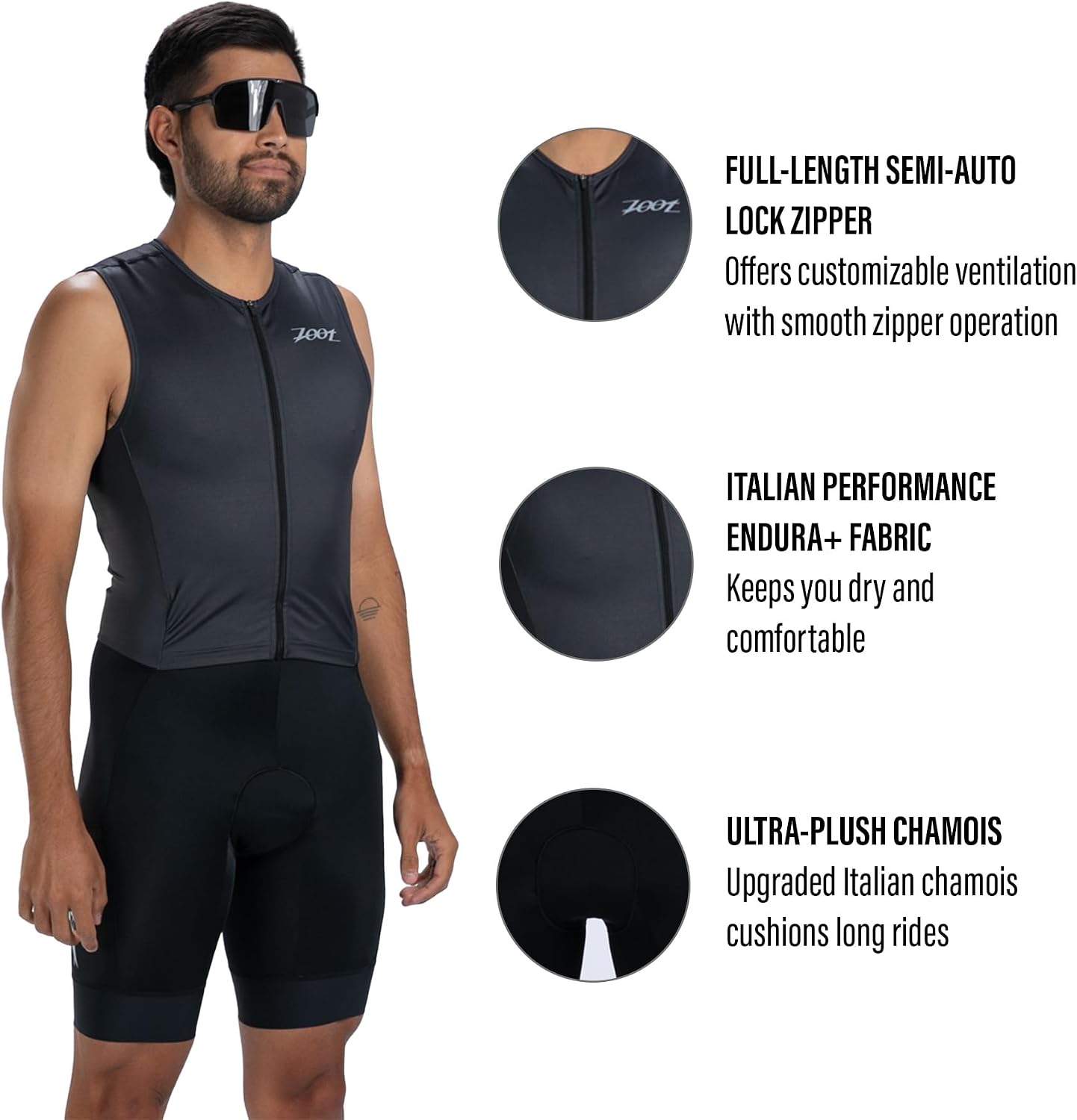 Zoot Men’s Core Sleeveless Tri Aero SLVS FZ Racesuit, Quick-Dry Sleeveless Triathlon Suit with Chamois & Race Storage