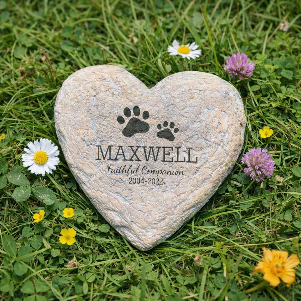 GiftsForYouNow Personalized Pet Memorial Heart-Shaped Garden Stone with Paw Prints, 8.5 x 8.5 x 1.5 Inches, Resin