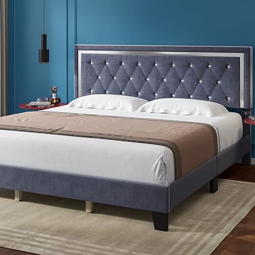 Miniatura 3 de HITHOS Base de cama King, plataforma tapizada con cabecera ajustable moderna, base de colchón con soporte de listones de madera, no necesita somier,