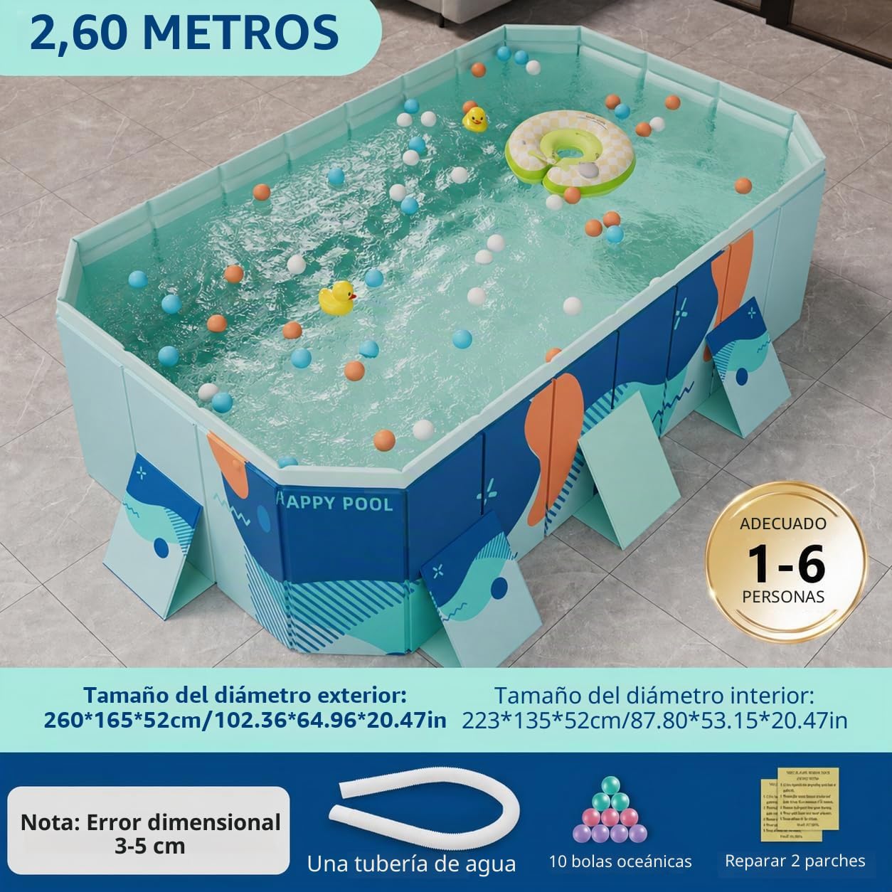 Piscina Plegable XXL – 2,6 m Piscina de baño de PVC Resistente para Mascotas, Gran Piscina de jardín con válvula de Drenaje rápida y Base Antideslizante, Incluye Pelotas y Parche de reparación