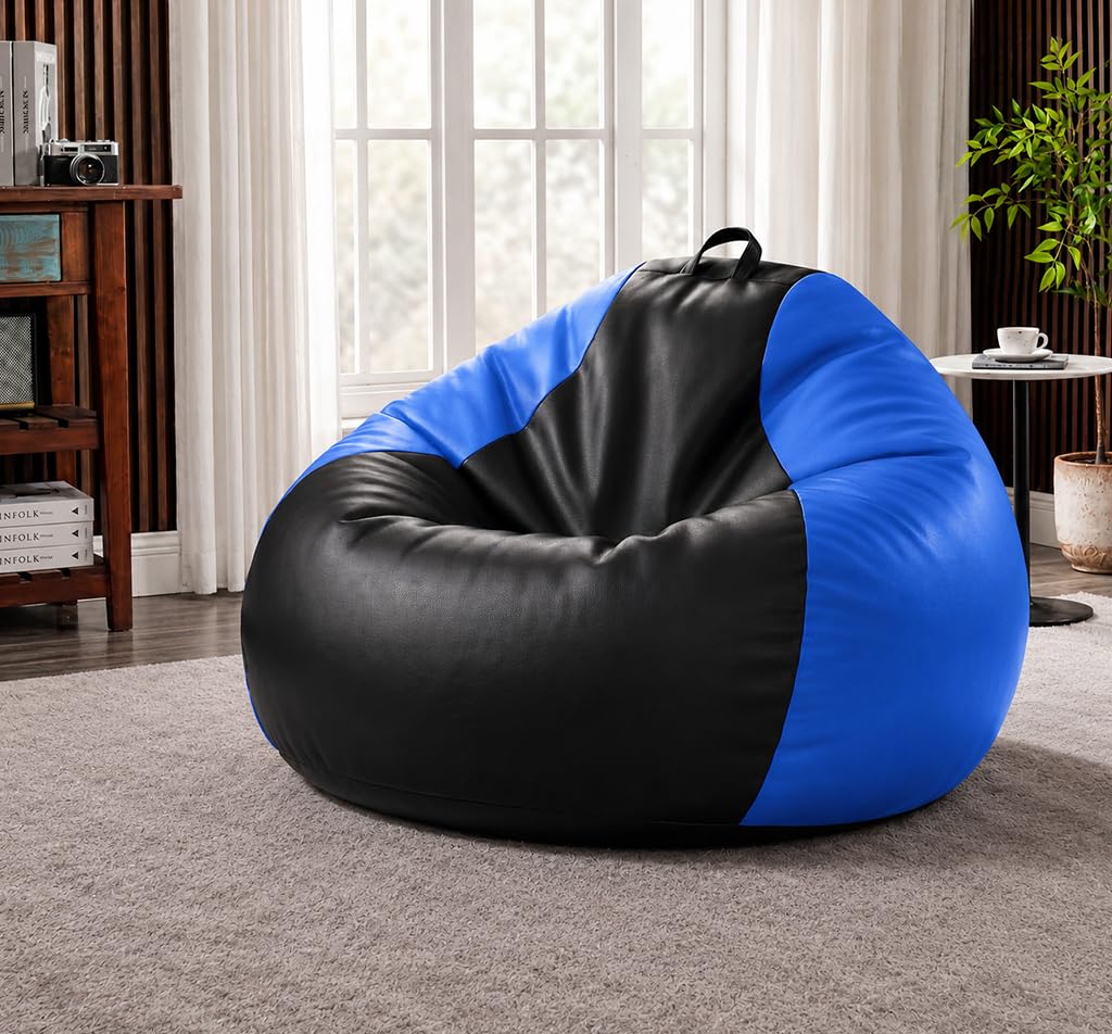 Sattva Classic 2XL Bean Bag Chair with Beans Filled | Faux Leather Sofa Style Beanbags with Filled Beans | Bin Bags Sofa & Beam Bag for Adults, Home & Office (Pre-Filled) - Black & Royal Blue-picture-21