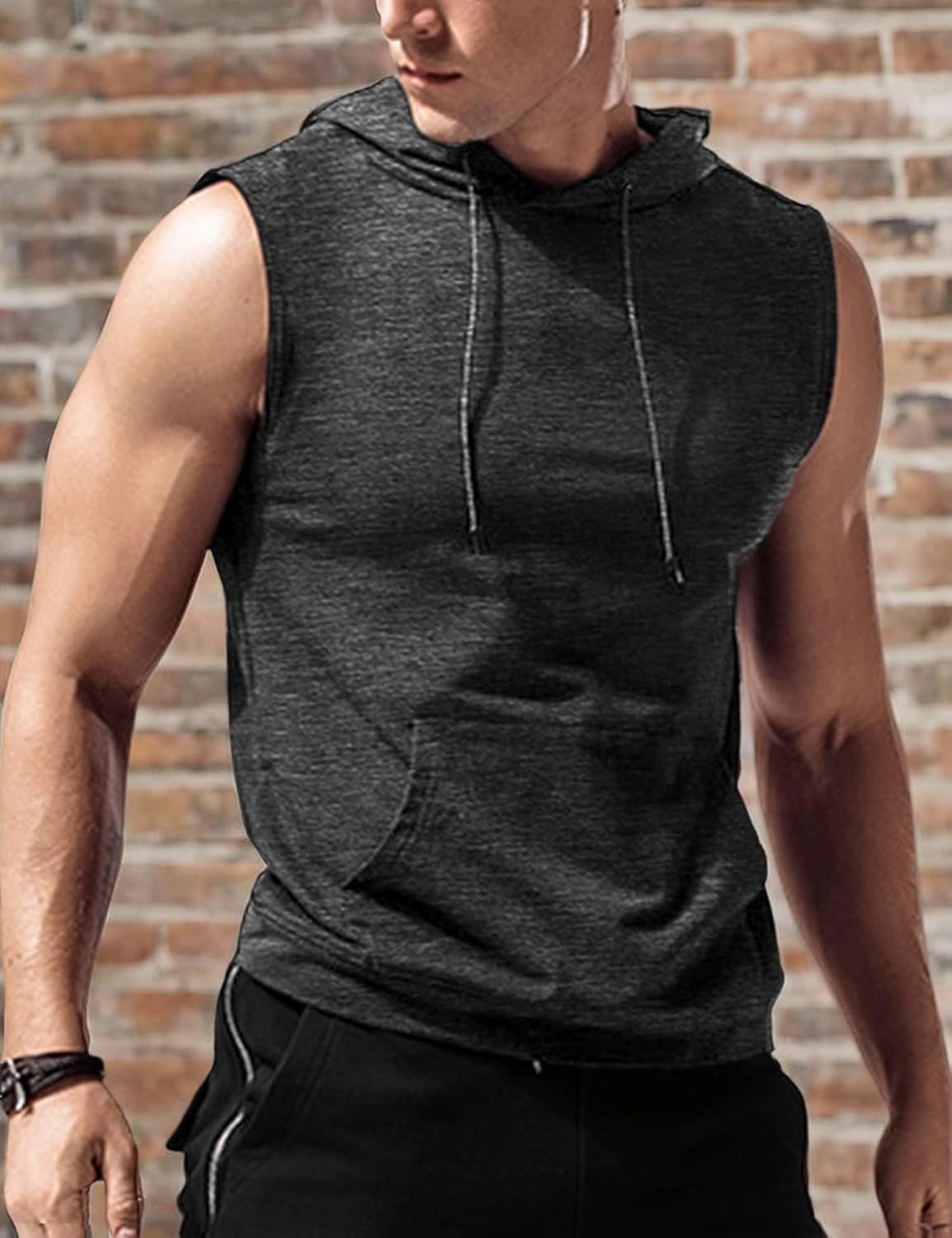 Amussiar Men's Workout Hooded Tank Tops Sleeveless Gym Training Hoodies Bodybuilding Muscle Cut Off T Shirt