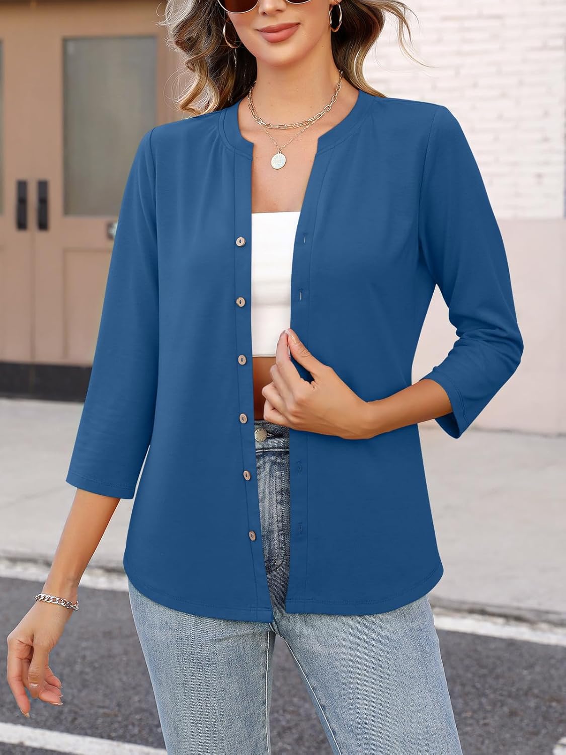 Womens 3/4 Sleeve Tops Button Down Shirts Color Block Casual Summer Shirts Trendy Tops - Image 4