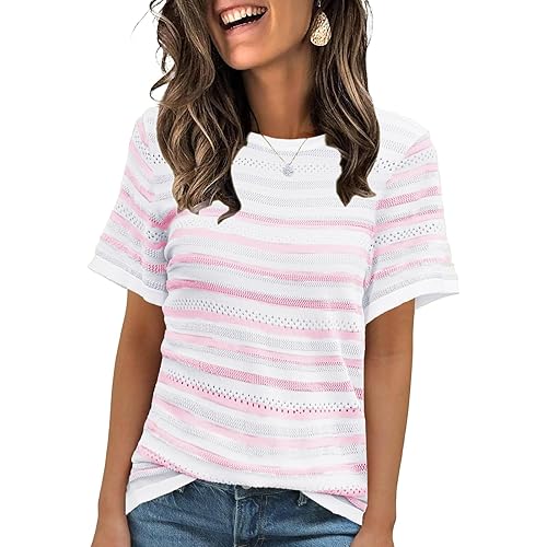 ANCAPELION Women's Short Sleeve Sweater Top Striped Knit Crew Neck Pullover for Summer Trendy Shirts