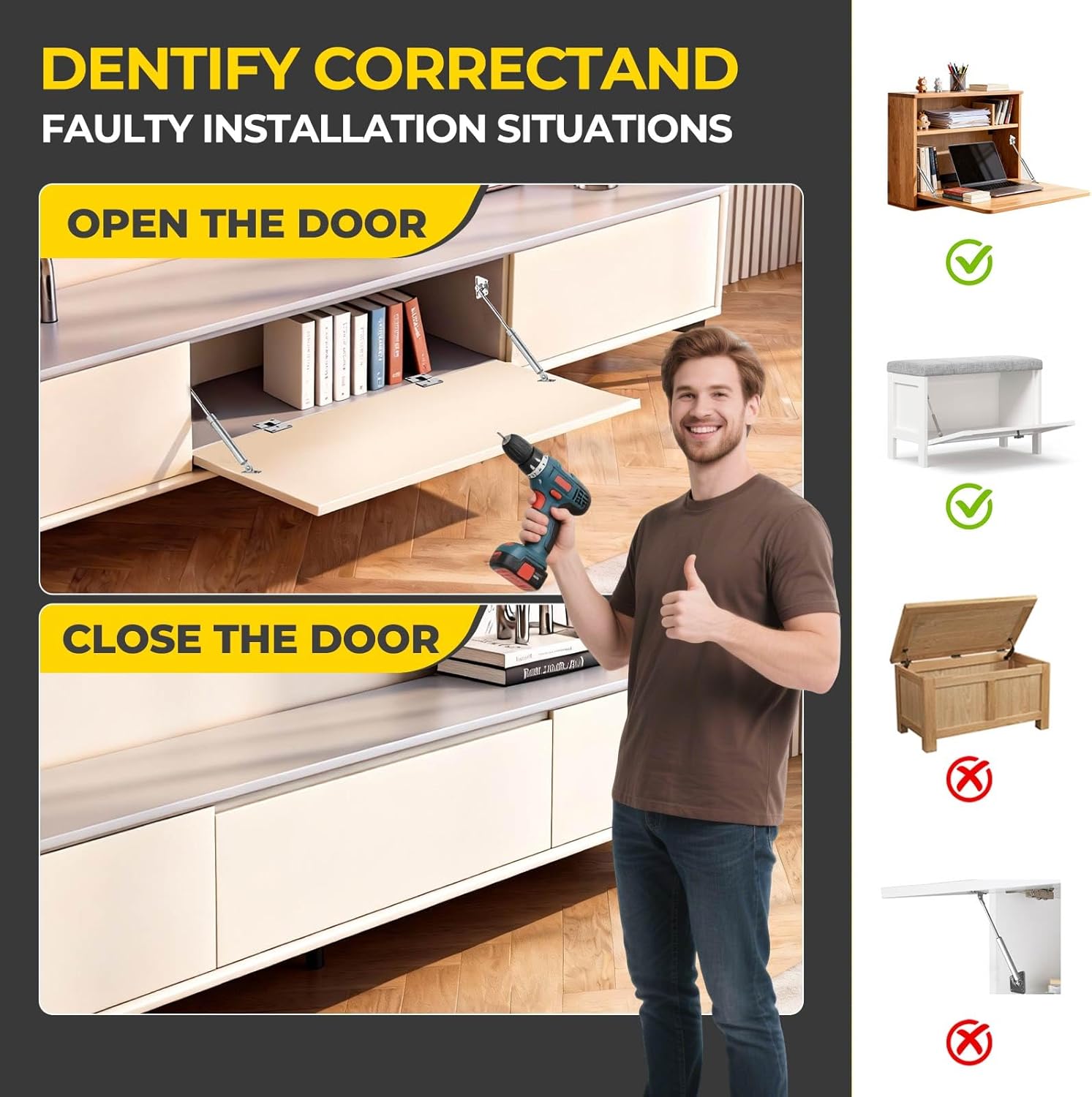 Drop Down Gas Struts,with 90 Degree Page Turning axis,Gas Spring Hinge,for Cabinet and Desk Downward Flap Slowly Down,Only Open Down The Door (4, Silver)