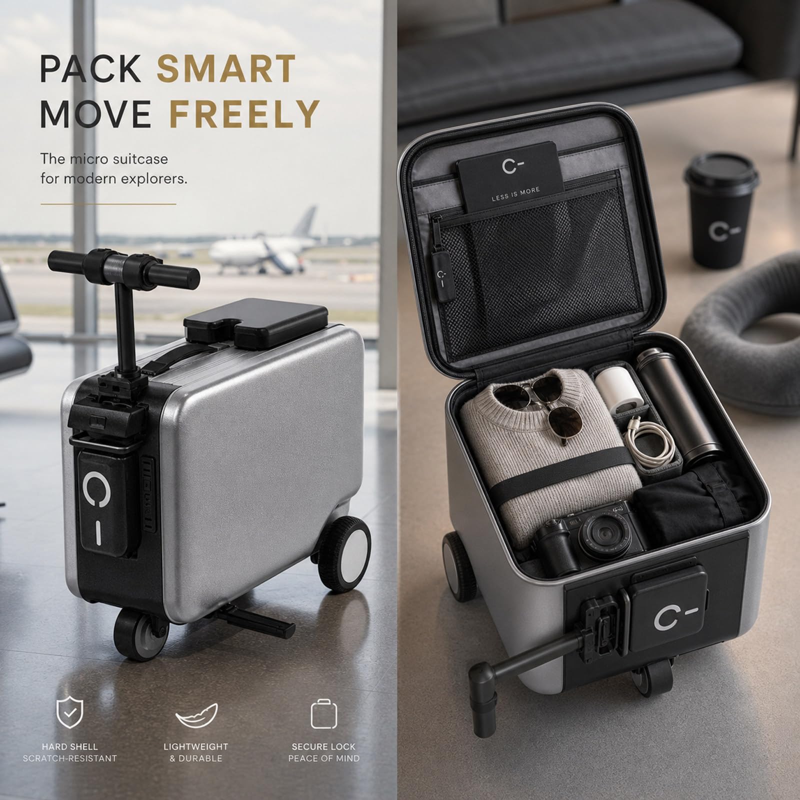 Valise Intelligente Électrique, Bagage-Trottinette électrique pour Adultes, Roues silencieuses avec amortisseurs, Bagage-Trottinette électrique pour déplacements en aéroport Silver