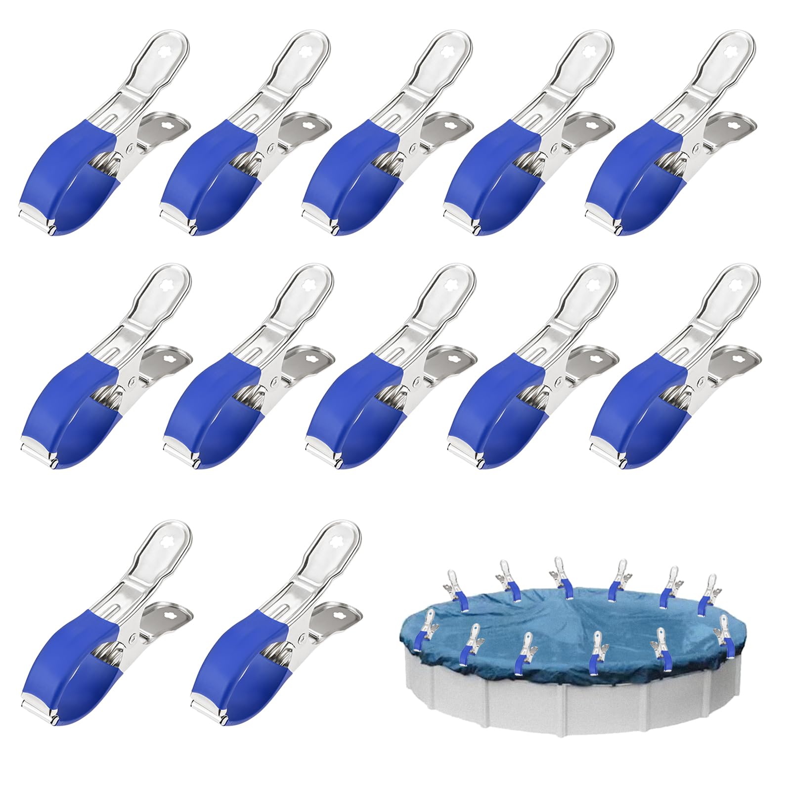 Hicello 12PCS Stainless Steel Clips with Rubber Tips, 12cm Large Non-Slip Towel Pegs Clamps for Sun Loungers Beach Chairs Pool Covers Greenhouse Film Beach Towels & Laundry - Blue