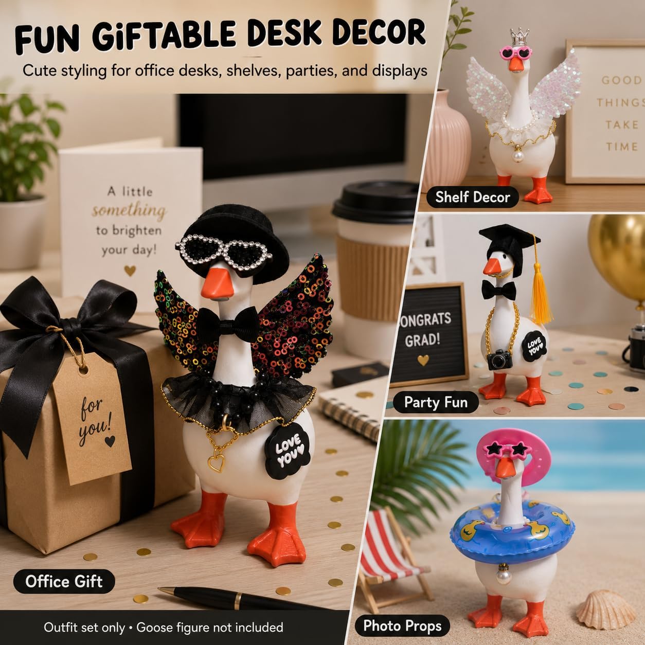 42Pcs 7 Inch Desk Goose Outfits Accessories Set | Hats, glasses & necklaces dress up magnetic figure key holders for holidays, moods, office gifts & table decor