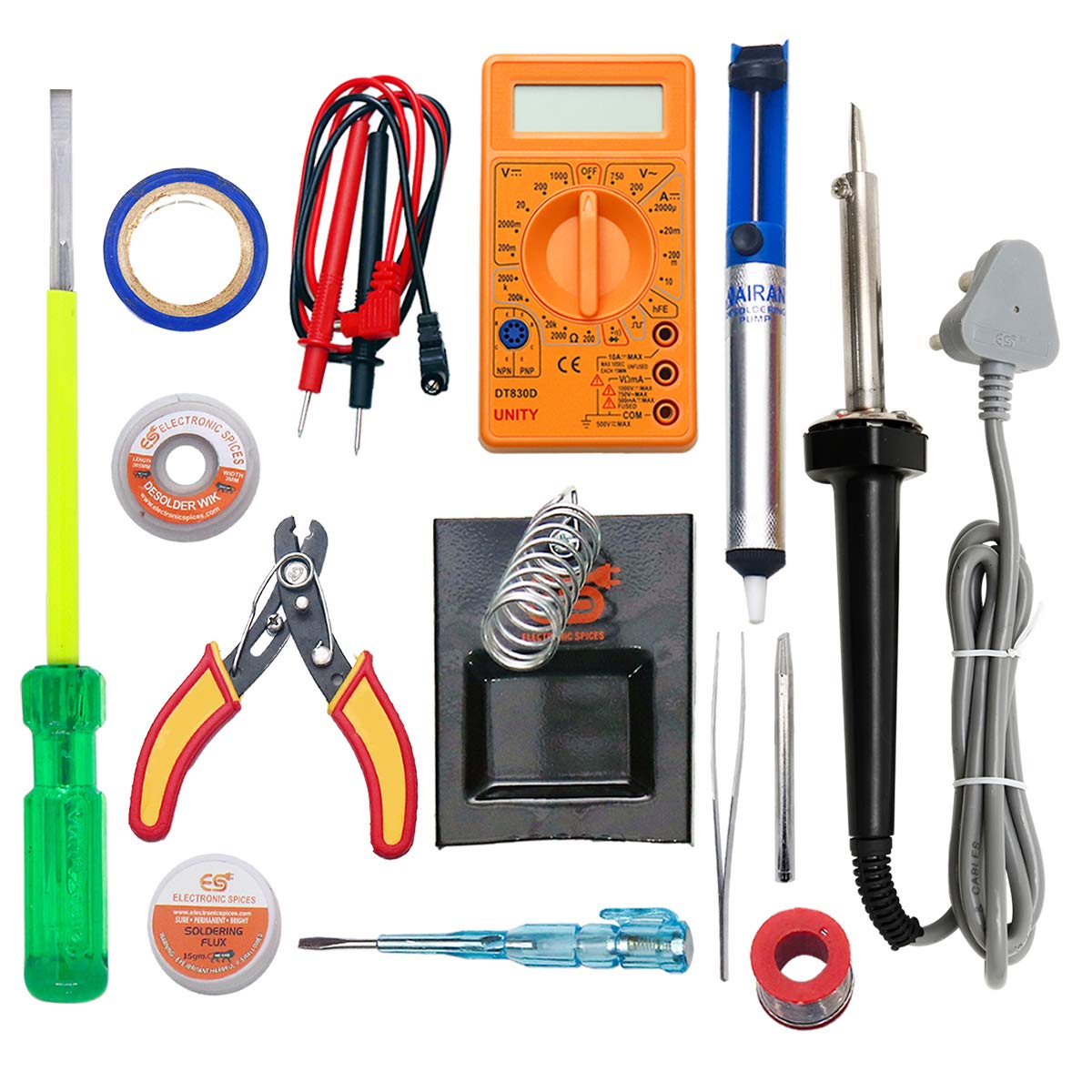Electronic Spices 13 In 1 Starter Kit 60 Watt Soldering Iron/Digital Multimeter/Iron Bit/Solder Stand/Solder Wire/Desoldering Pump/Desolder Wire/Paste/Cutter Tester/Tape/Tweezer/Screwdriver (B08YDHB9M4) Amazon Price History, Amazon Price Tracker