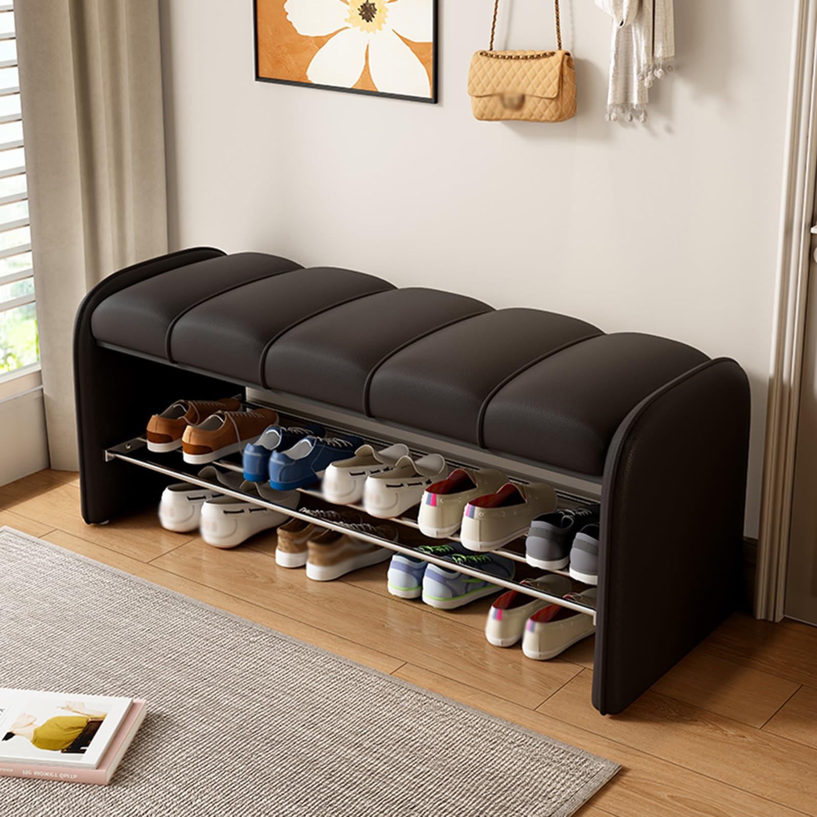 GHFXSCV Multifunctional Black Upholstered Storage Bench - Entryway Shoe nizer with Soft Seat, Sturdy Design, Indoor Footrest, 100x37x45cm (39.4x14.6x17.7in)
