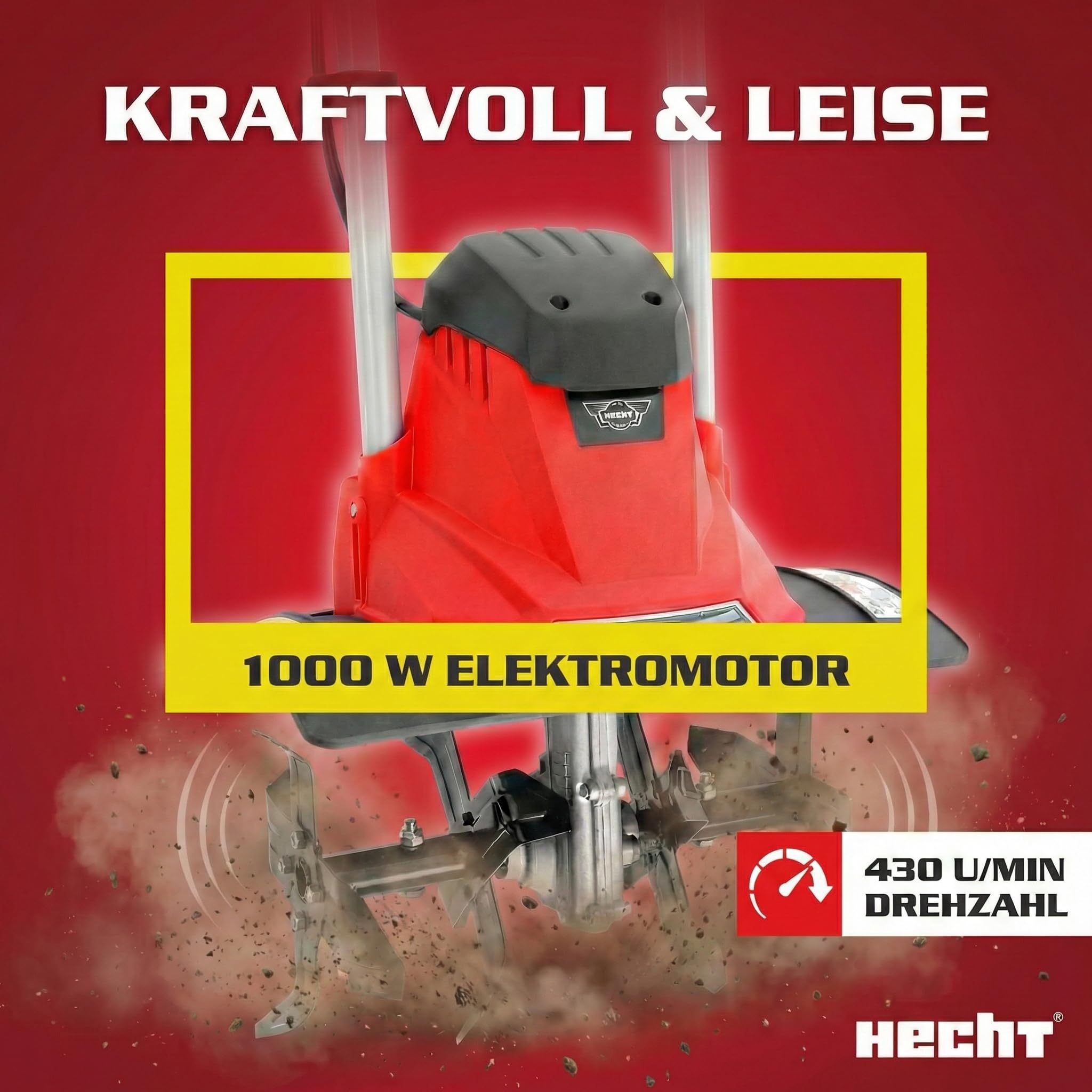 HECHT Gartenfräse Bodenhacke für einen schönen Garten – Perfekt zum auflockern und umgraben Ihrer Erde – Mit 36,5 cm Arbeitsbreite und leistungsstarken 1000 Watt Motor (Rot)