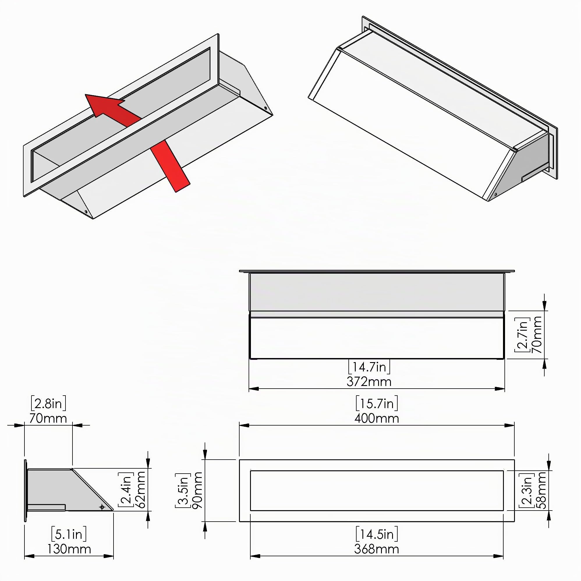 Griglia di Aerazione Lineare 40 x 9 cm in Acciaio Nero RAL 9005 – Griglia di Ventilazione Rettangolare per Camino Stufa e Parete, Bocchetta Aria in Acciaio Verniciato a Polvere.