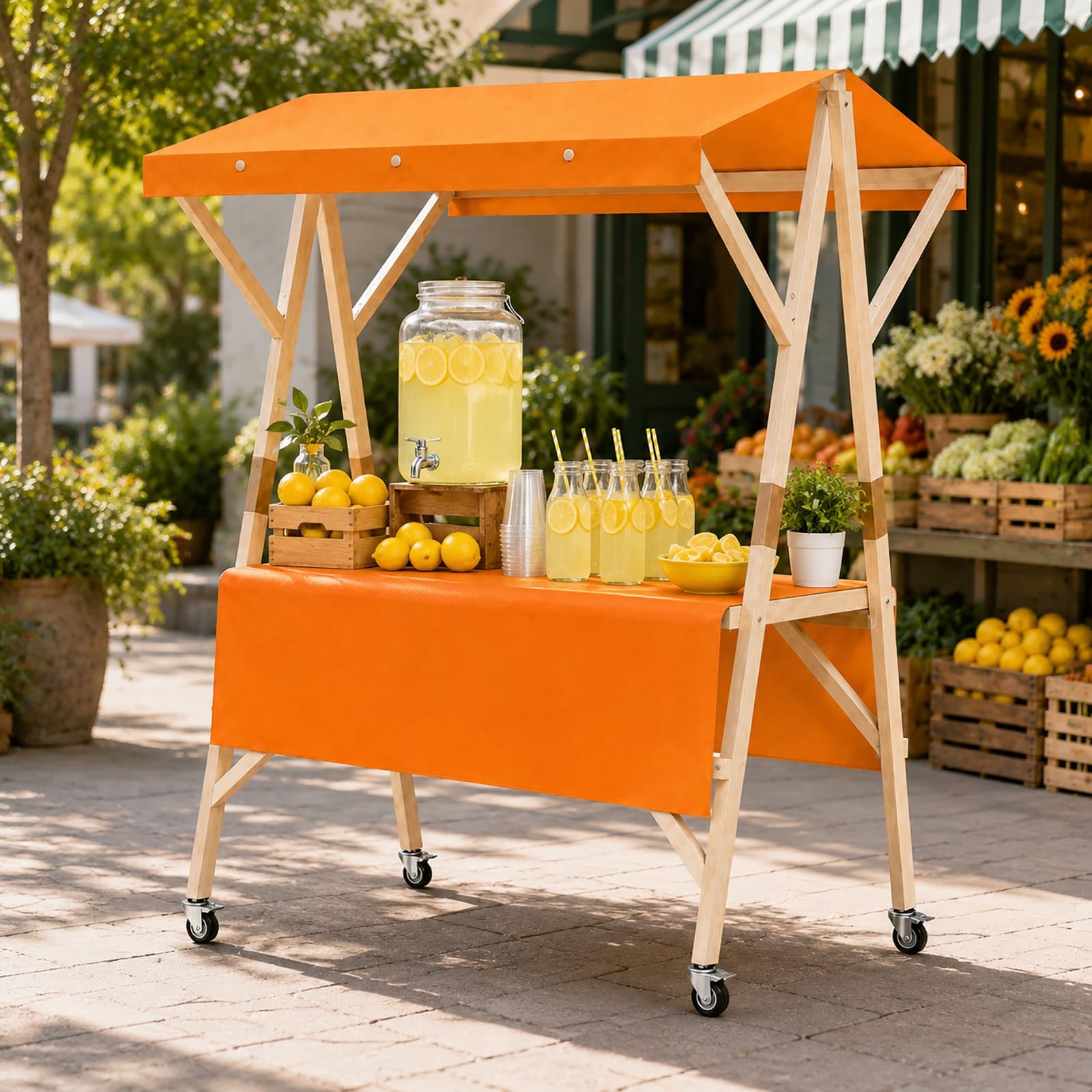 SBCWH Portable Wooden Market Stand with Canopy, Folding Vendor Cart on Wheels, Outdoor Farmers Booth, Lemonade Stall for Street Fairs, Events(Orange,120x60x200cm)