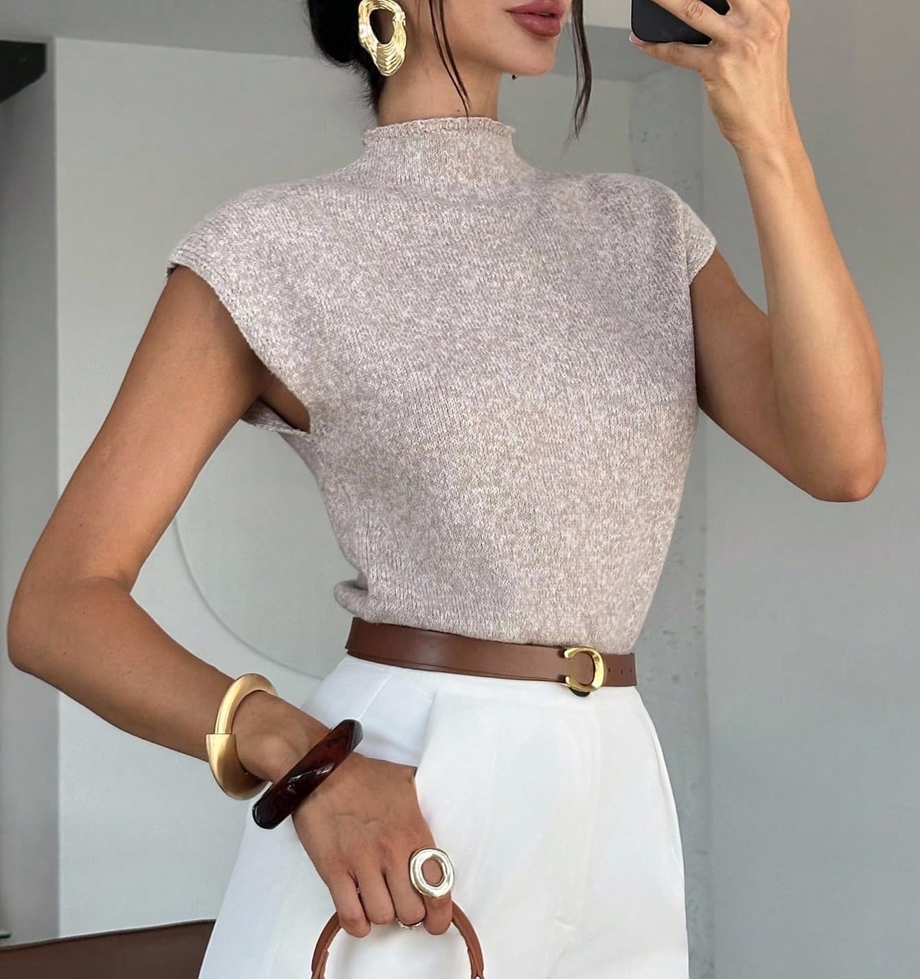 ZAFUL Women's Mock Neck Sweater Vest Cap Sleeve Casual Knit Pullover Tank Outfits Tops - Image 5