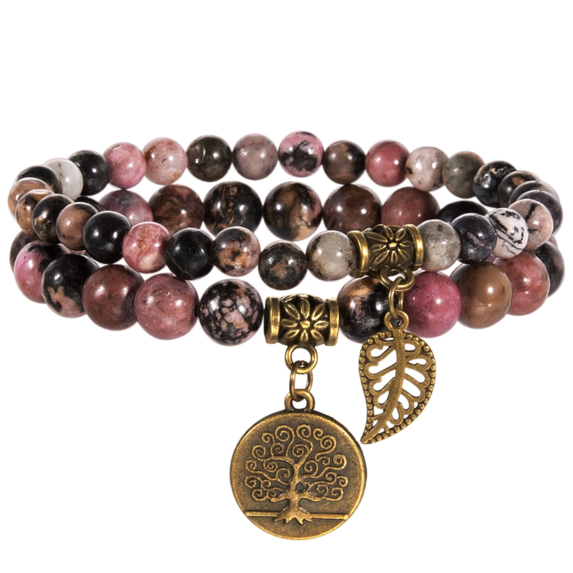 Farfume Chakra Bracelet En Pierre Naturelle - Bracelet Perles Naturelles Femme-Ensemble De Deux Bracelets Avec Accessoires Arbre De Vie Et Feuille