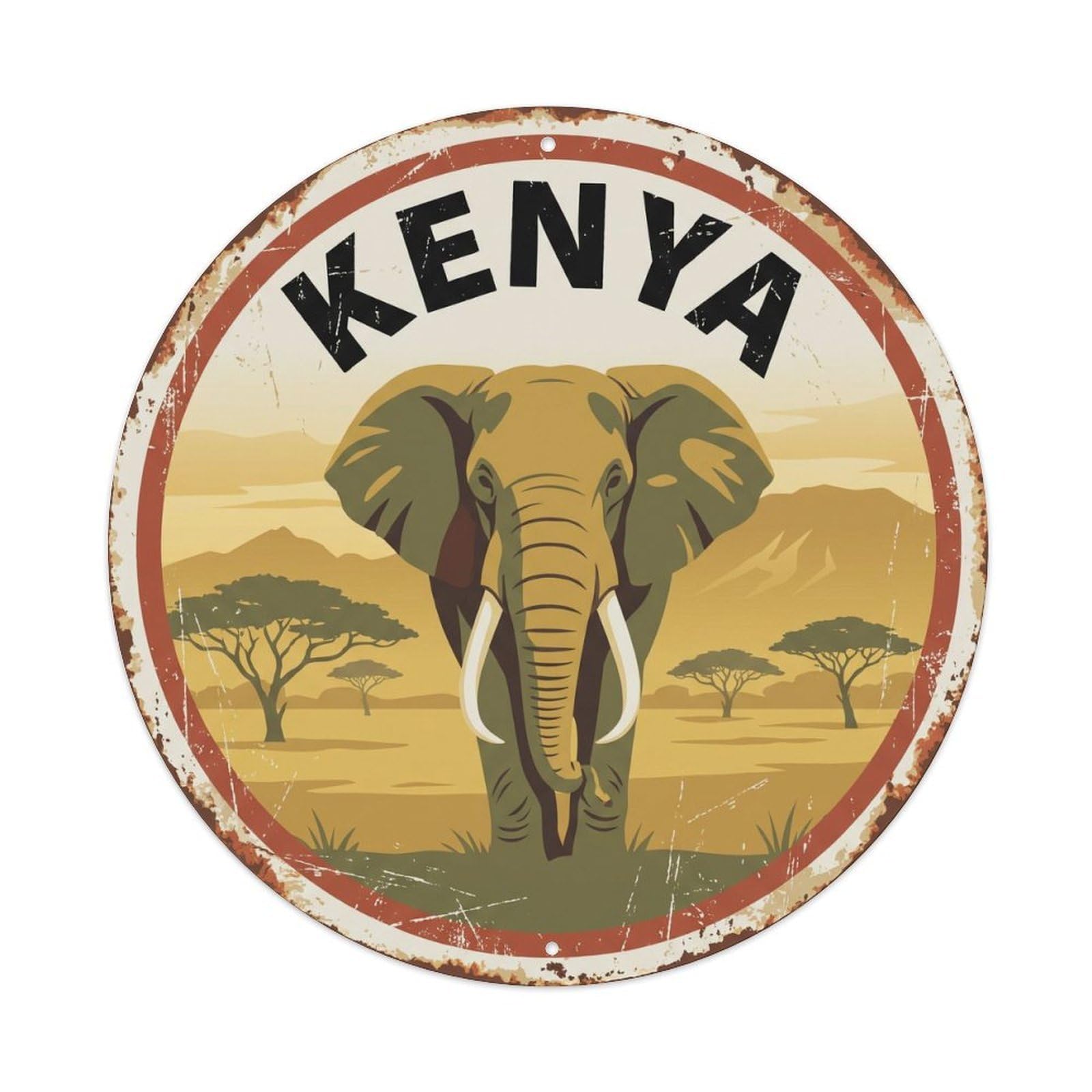 Vintage Kenya Elephant Acacia Savanna Metal Tin Sign