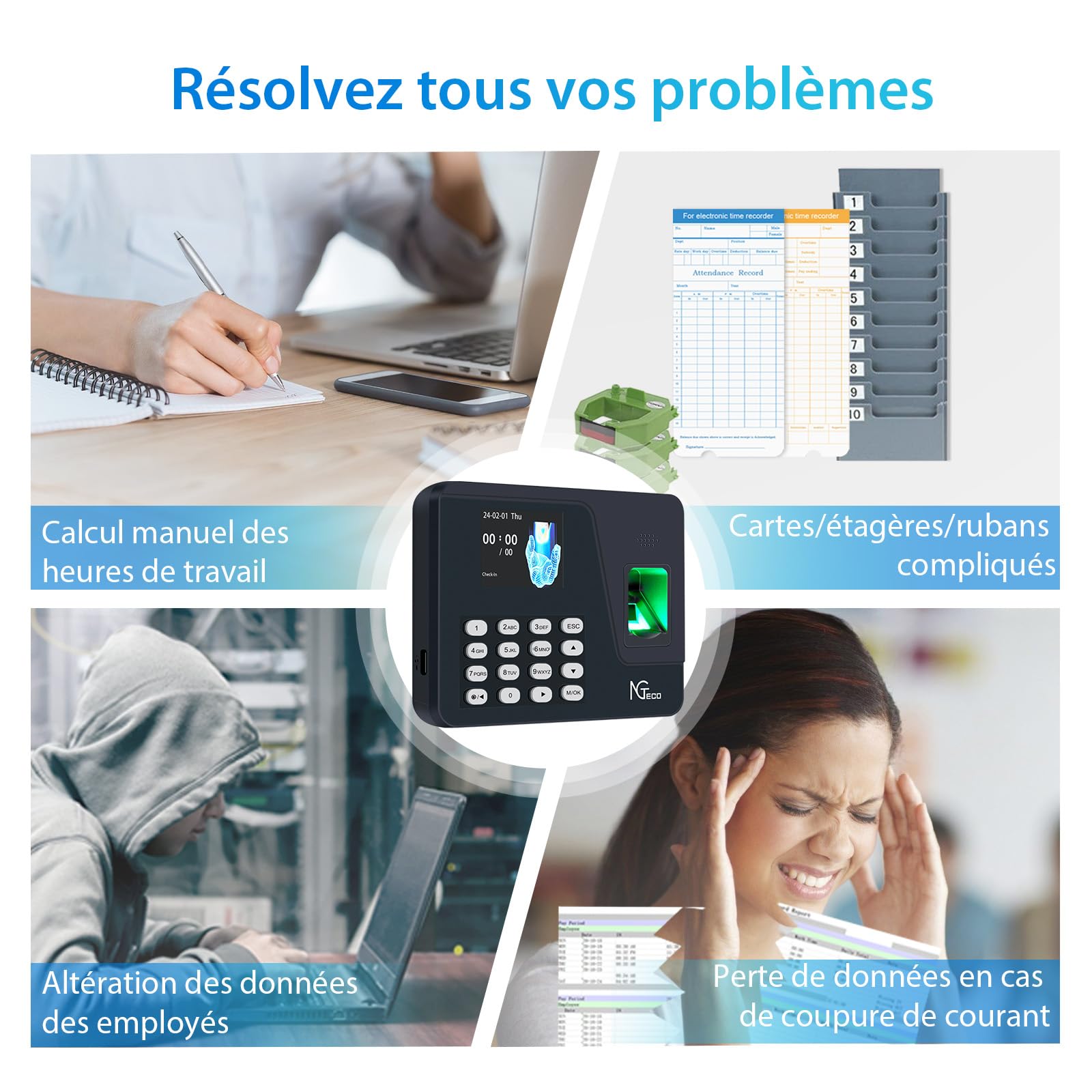NGTeco Pointeuse Horaire Personnel pour Les organisations de Moins de 1000 employés, avec calcul Automatique, Horloge biométrique à Empreintes digitales AS10 avec USB 8 GB (Français)