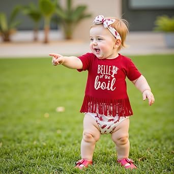 KMBANGI Baby Girl Crawfish Outfits Toddler Crawfish Boil Tassels T Shirt Lobster Bloomer Shorts Baby Smocked Summer Clothes (Red, 6-12 Months)
