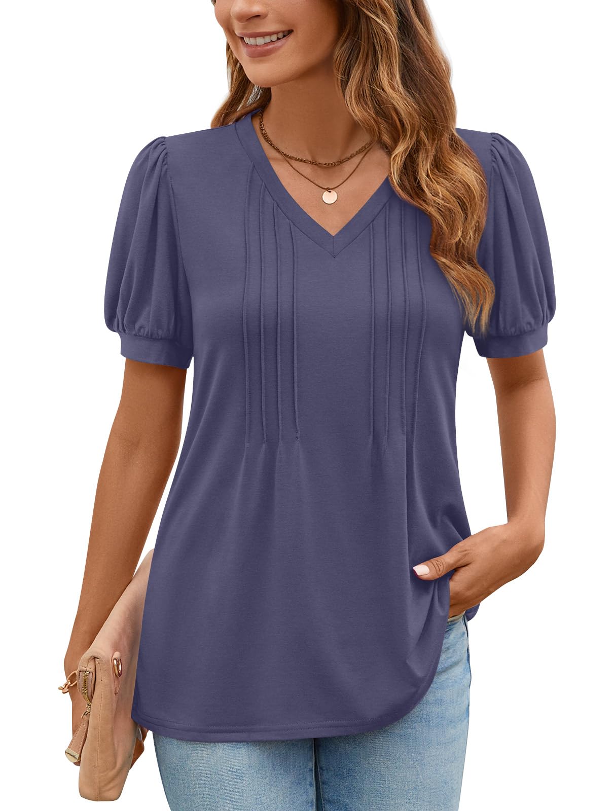 Aodemo Womens Summer Dressy Casual Blouse Puff Short Sleeve Shirts Pleated Business Tunic Top for Work