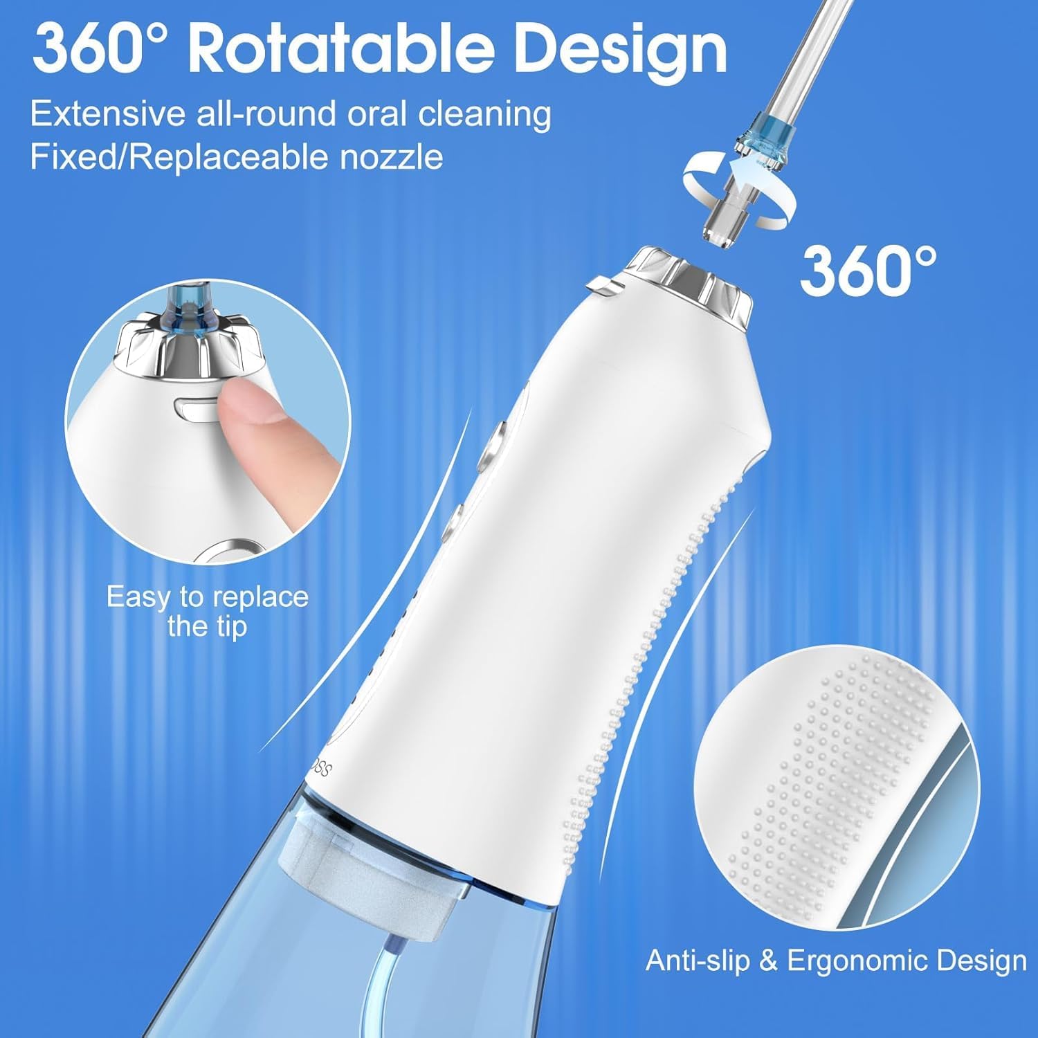 Mom's Aura Water Dental Flosser Teeth Pick -Portable Oral Irrigator with 5 Modes, Rechargeable IPX7 Waterproof Orthodontic Teeth Cleaner Pick Cordless for Home Travel-300ml Water Tank (white) 2