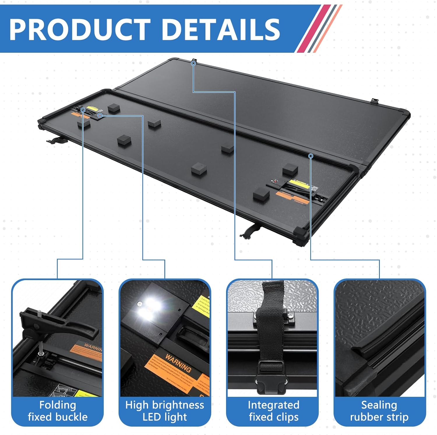 PENSUN Hard Tri-Fold Truck Bed Tonneau Cover W/Lamp Fit for Ford F150 F-150 2004-2014, 5.5FT Black Aluminum 3 Folding All Weather Pickup Truck Tonneau Cover