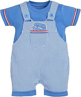 BABY GO Baby Boys Cotton Dungaree Romper Set | Newborn Infant T-Shirt Overalls | Soft Breathable Summer Outfit | Cute Prin...