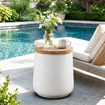 SUNBURY Outdoor Side Table, 13" W Concrete End Tables for Patio, Accent Side Table, Garden Stool Wooden-Look Top Lightweight for Livingroom Bedroom, Garden, Backyard, White