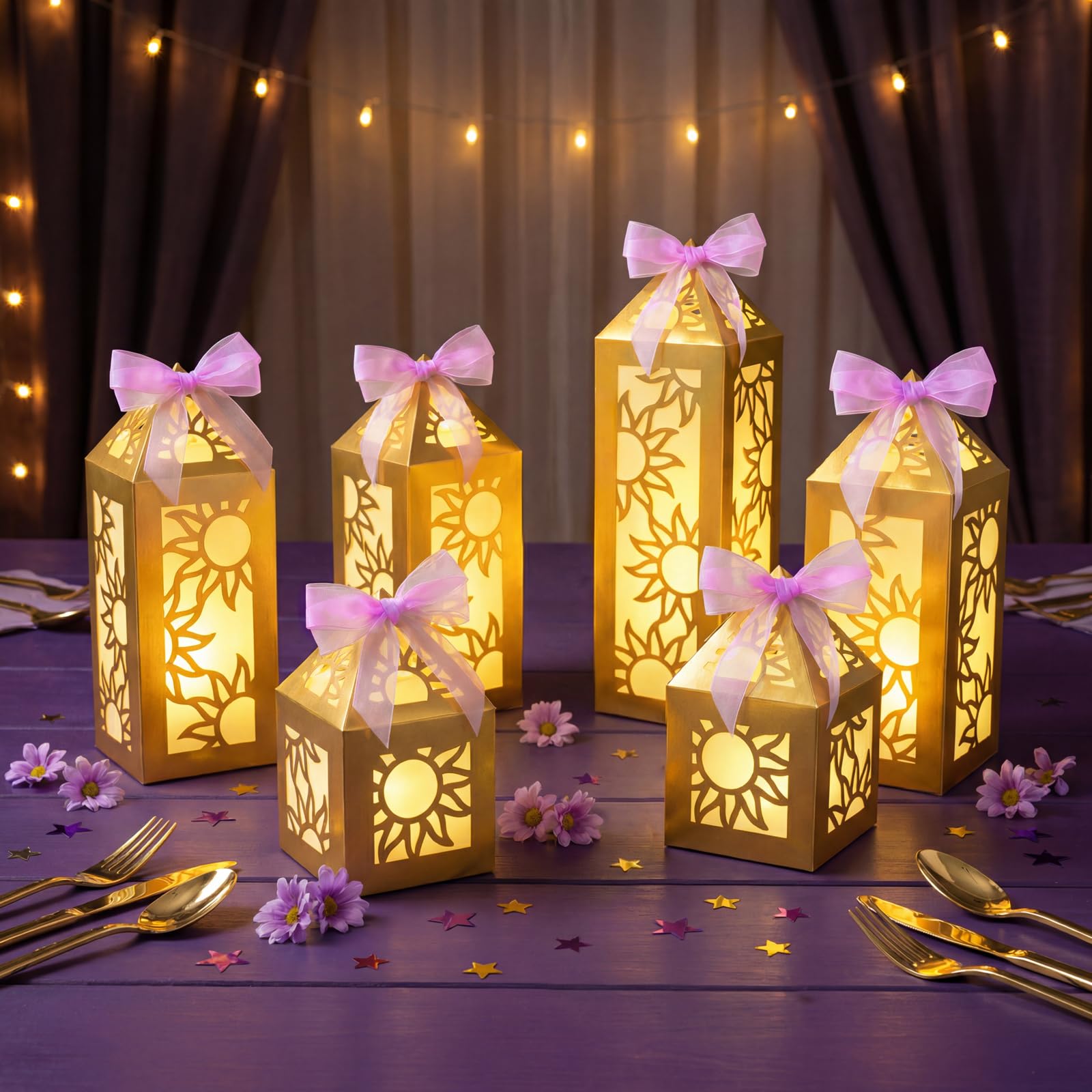 15 piezas de decoración de fiesta de princesa, faroles dorados con luces LED, cinta para decoración de mesa de cumpleaños de niñas (pilas no incluidas)