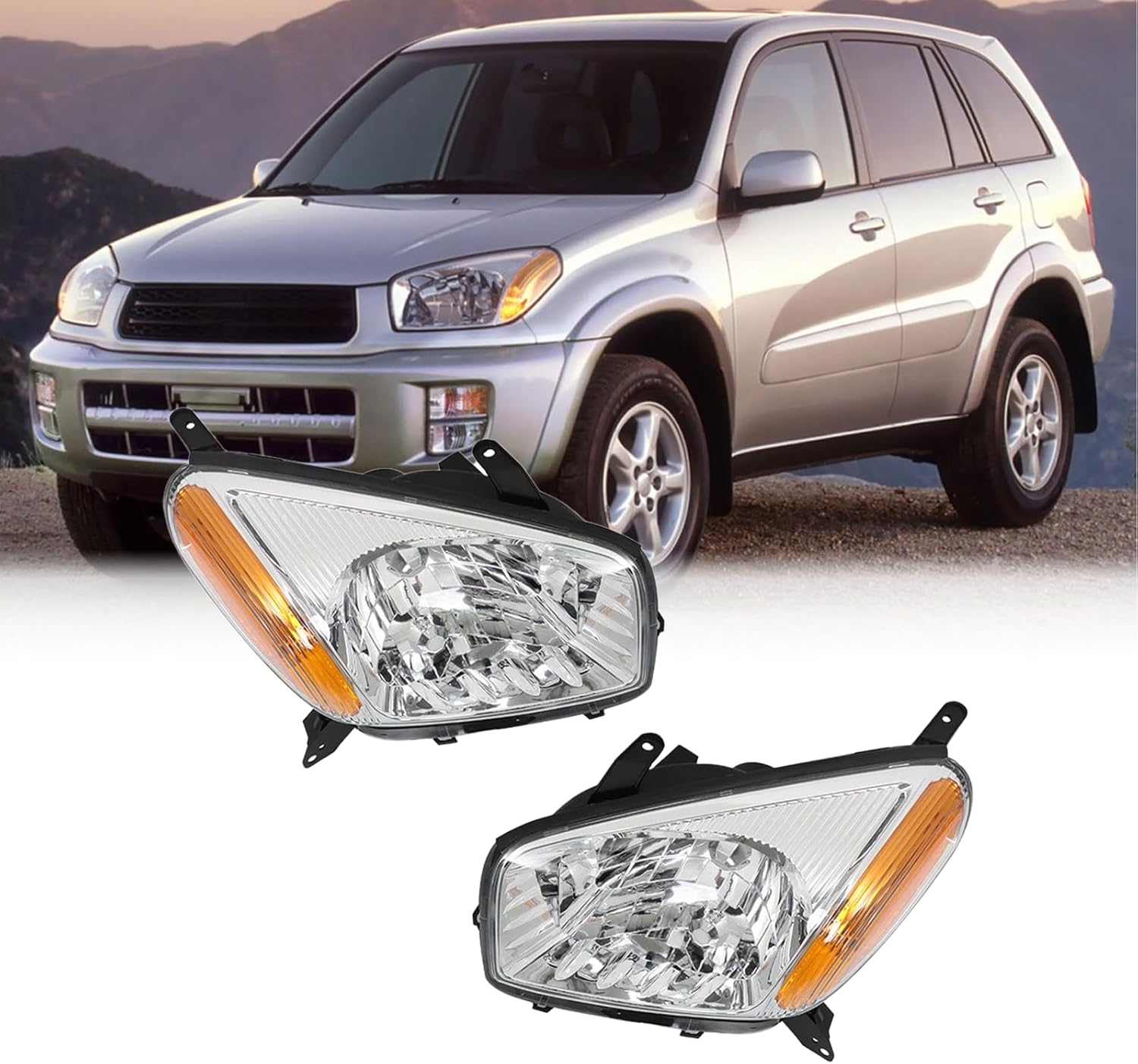 Left + Right Headlight Assembly for Toyota 2001 2002 2003 RAV4 Base/4WD SUV Chrome Housing Amber Reflector Driver and Passenger Side Replacement Pair