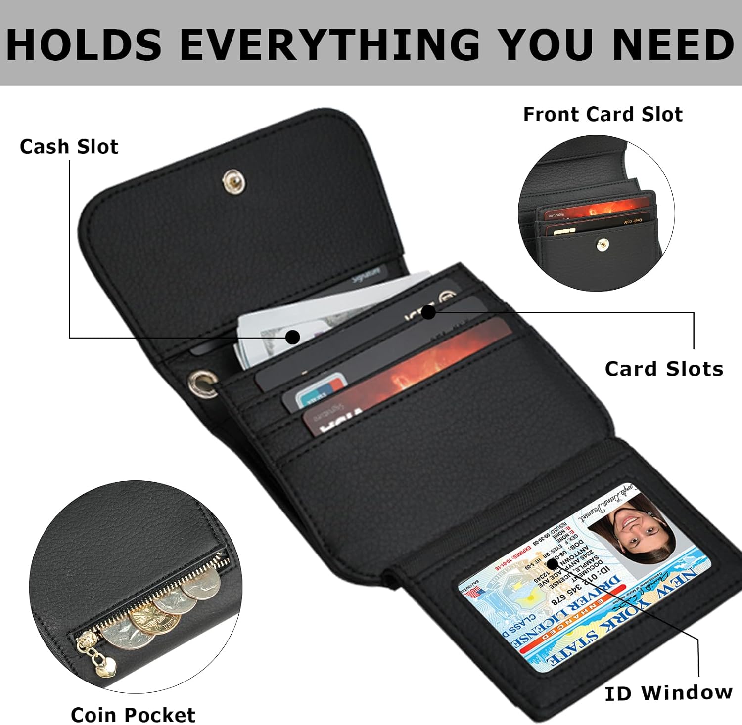 Women Small Wallet RFID Blocking Slim Wallet with Coin Pocket Tri-Fold Credit Card Holder with ID Window and Keychain (Black) - Image 4