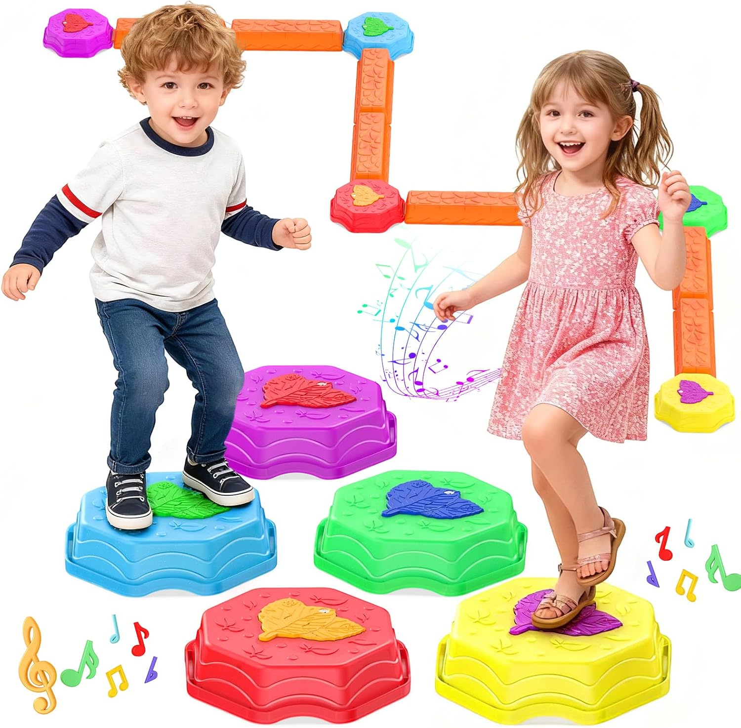 Stepping Stones for Kids, Light Up Musical Balance Beam and Non-Slip Toddler Balance Stones, Toddler Indoor or Outdoor Play Obstacle Course, Sensory Toys Play for Family Active Kids Ages 3+