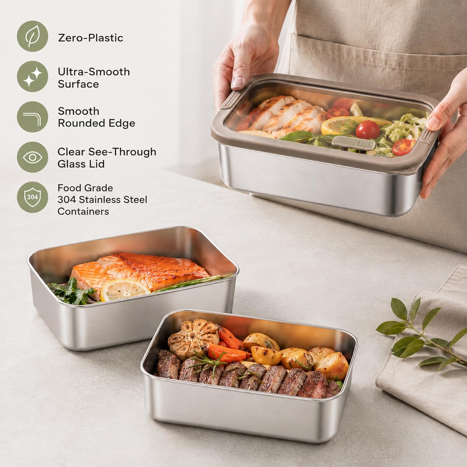 Stainless Steel Bento Lunch Box Food Container with Glass Lids, 4 Pcs image 2