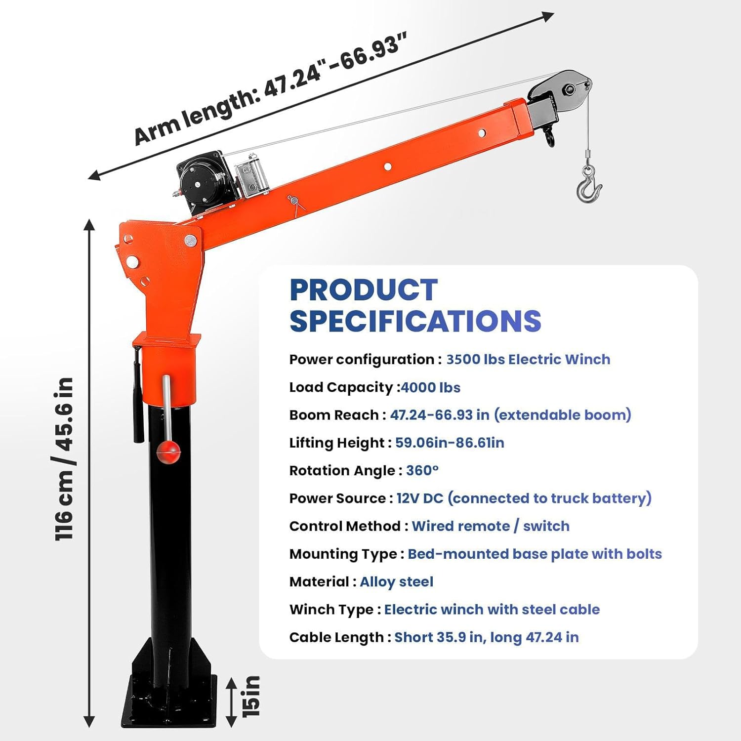 Electric Truck Crane,4000 Lbs Capacity, Truck-Mounted Bed Crane with Electric Winch 3500 Lbs 12V, 360° 3-Adjustable Boom for Lifting Goods in Workshop Loading Construction, Factory, Gifts for Men, Dad